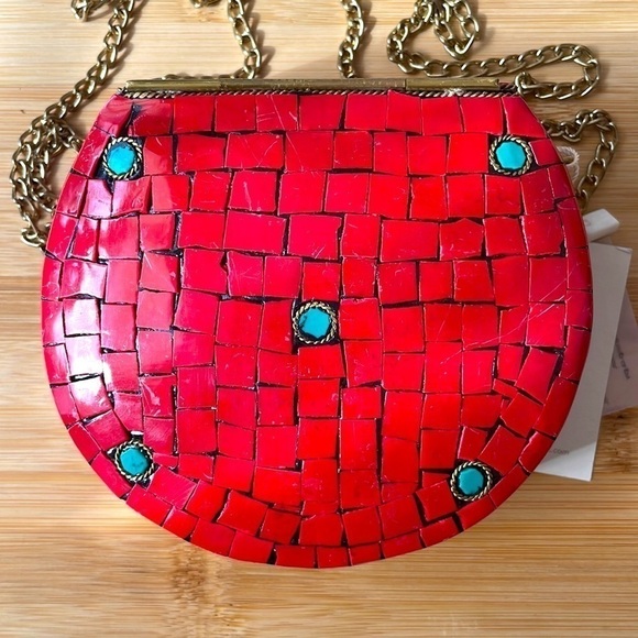 Brand New Antik Kraft Handcrafted India Small Metal Clutch Red Berry Chain Purse - Picture 4 of 15